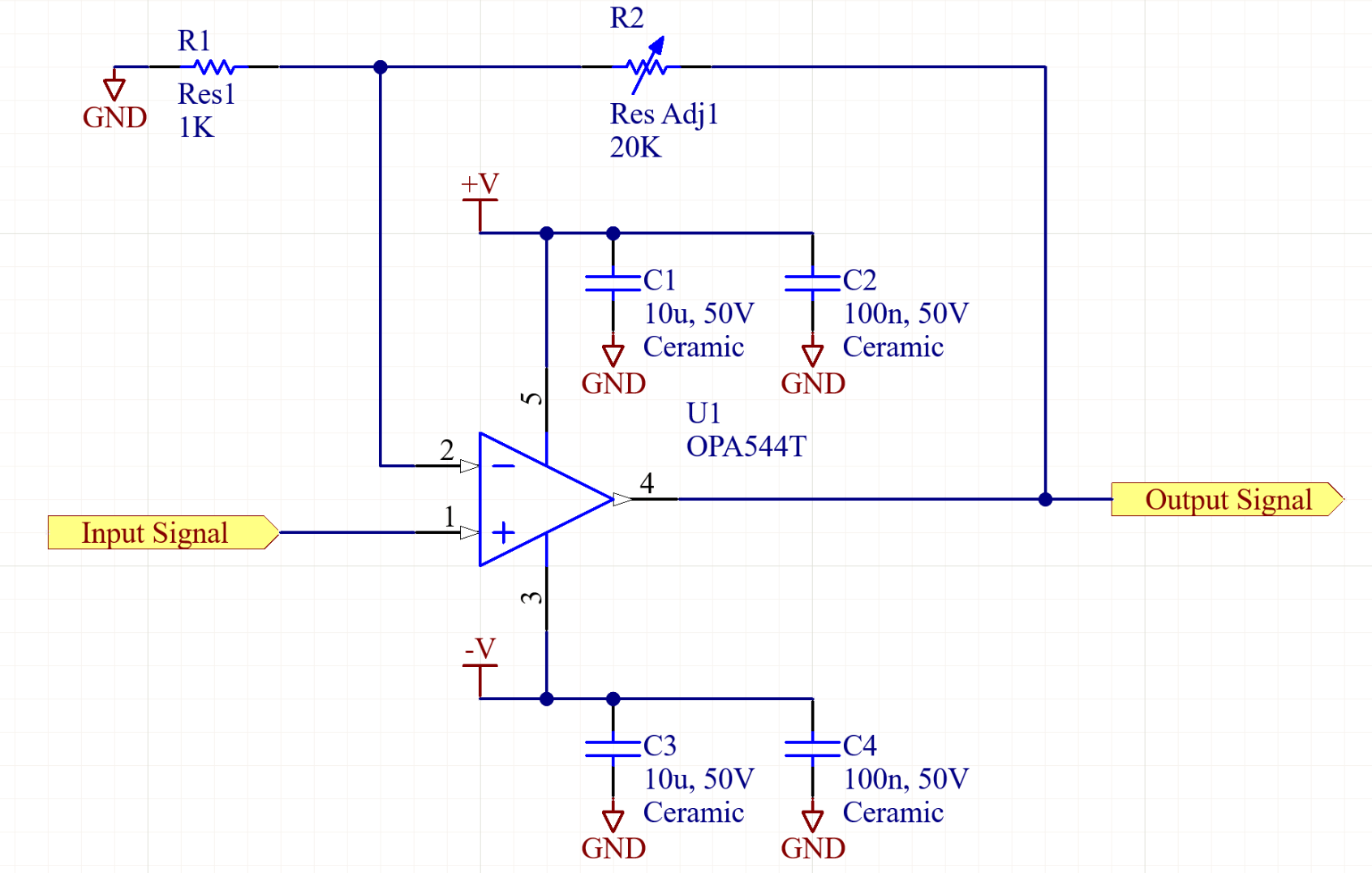 Figure 1: Basic inverting amplifier with OPA544.
